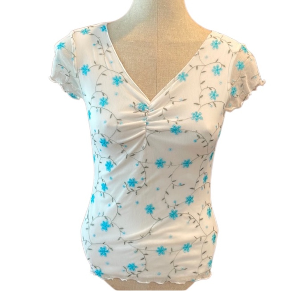 Y2K Giorgio Fiorlini Floral top white embroidered turquoise flowers women size M